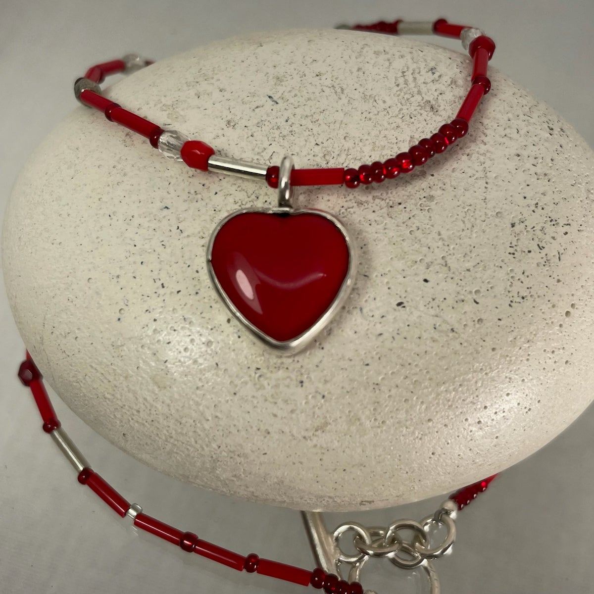 Red Heart Beaded Necklace Buttonist Antique Button Jewelry