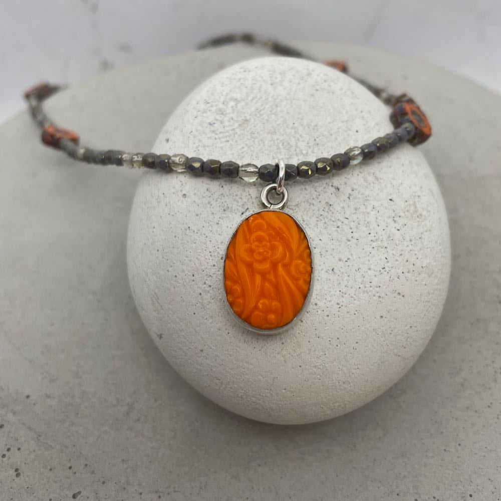 Orange Pewter Beaded Necklace Buttonist Antique Button Jewelry